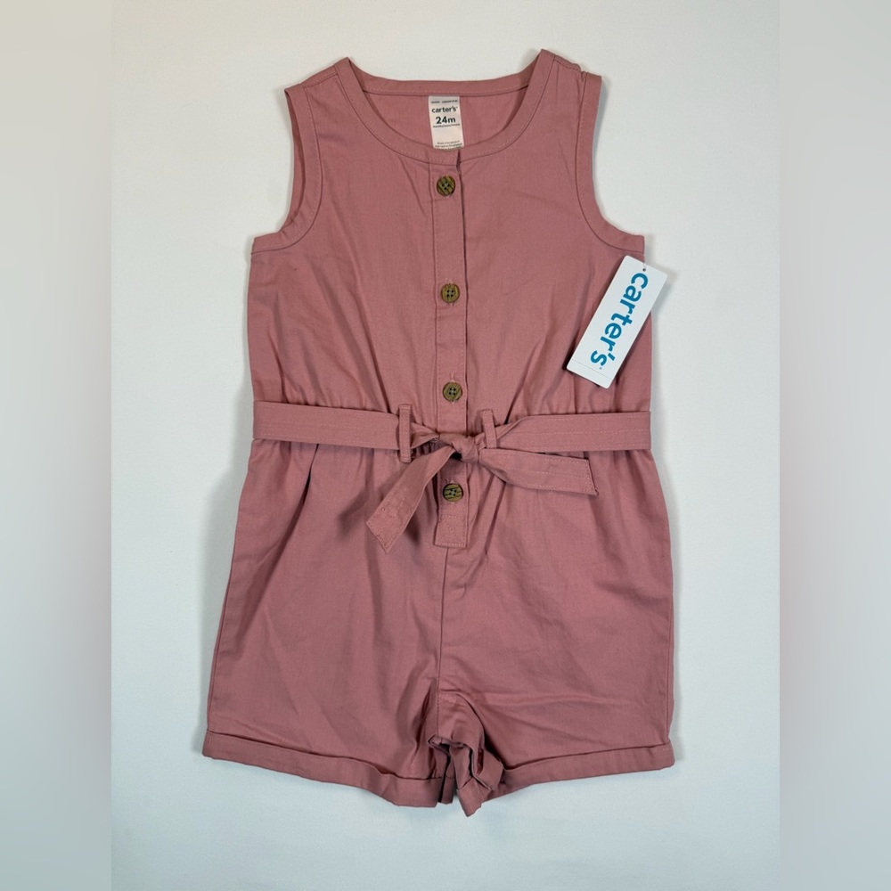 NWT CARTER’S Baby Girls Pink Button Up Belt Sleeveless Canvas Romper Size 24M - Picture 2 of 7
